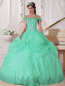Off Shoulder 15th Dress in Apple Green with Hand Made Flowers