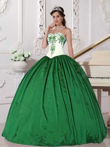 Embroidered Quinces Dress in White and Green with Sweetheart