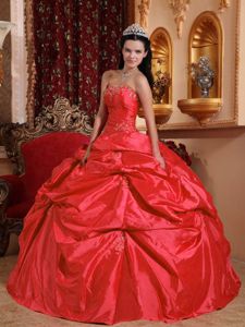Coral Red Strapless Quinceanera Gown in Taffeta with Beading