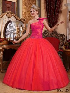 One Shoulder Quinceanera Dress in Coral Red with Beading