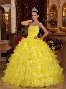 Bright Yellow Strapless with Layers of Ruffles and Beading on Bodice