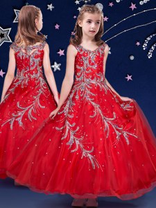 Unique Scoop Ankle Length Red Little Girl Pageant Dress Organza Sleeveless Beading and Appliques