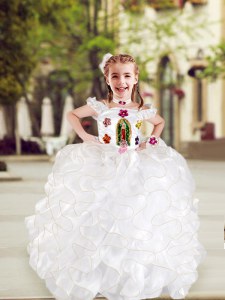 Fancy White Cap Sleeves Beading and Appliques and Ruffles Floor Length Little Girls Pageant Dress