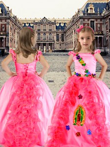 Floor Length Rose Pink Girls Pageant Dresses Spaghetti Straps Cap Sleeves Lace Up