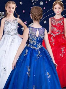 Beauteous Scoop Floor Length White and Red and Royal Blue Pageant Dress for Womens Organza Sleeveless Beading
