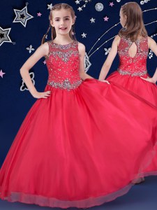 Red Ball Gowns Scoop Sleeveless Organza Floor Length Zipper Beading Glitz Pageant Dress