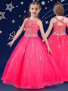 Hot Pink Pageant Gowns For Girls Quinceanera and Wedding Party and For with Beading Scoop Sleeveless Zipper