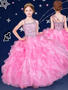 New Arrival Floor Length Zipper Pageant Gowns For Girls Rose Pink for Quinceanera and Wedding Party with Beading and Ruffles