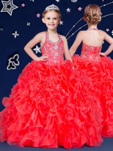Pretty Coral Red Zipper Halter Top Beading and Ruffles Kids Formal Wear Organza Sleeveless