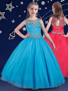On Sale Scoop Floor Length Baby Blue Little Girls Pageant Dress Wholesale Organza Sleeveless Beading