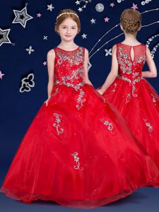 Red Scoop Zipper Beading and Appliques Child Pageant Dress Sleeveless
