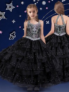 Black Organza Zipper Halter Top Sleeveless Floor Length Winning Pageant Gowns Beading and Ruffled Layers