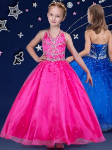 Amazing Halter Top Hot Pink Lace Up Little Girls Pageant Dress Beading Sleeveless Floor Length