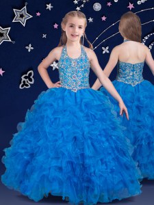 Halter Top Baby Blue Sleeveless Organza Zipper Little Girls Pageant Dress Wholesale for Quinceanera and Wedding Party