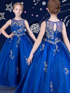 Scoop Sleeveless Zipper Floor Length Beading and Appliques Pageant Gowns For Girls