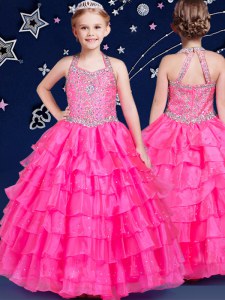 Halter Top Sleeveless Organza Pageant Gowns For Girls Beading and Ruffled Layers Zipper