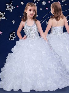Halter Top Floor Length Ball Gowns Sleeveless White Kids Formal Wear Lace Up