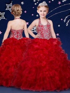 Floor Length Wine Red Child Pageant Dress Halter Top Sleeveless Zipper