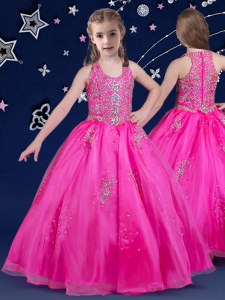 Organza Scoop Sleeveless Zipper Beading Little Girl Pageant Gowns in Fuchsia
