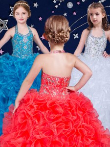 Amazing Halter Top Floor Length White and Coral Red and Blue Kids Pageant Dress Organza Sleeveless Beading and Ruffles
