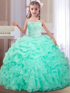 Straps Floor Length Lace Up Custom Made Pageant Dress Apple Green for Quinceanera and Wedding Party with Beading and Ruffles and Pick Ups