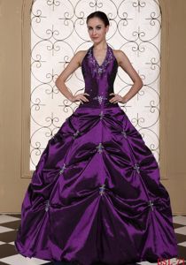 Dark Purple Halter Top Quinceanera Dress with Beading and Embroidery