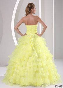 Yellow Sweetheart Quinceaners Gowns by Organza with Ruffles and Ruches