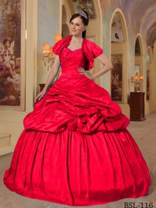 Neon Red Sweetheart Taffeta Quinceanera Dress by Taffeta with Beading
