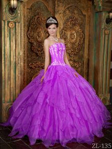 Purple Quinceanera Gown by Organza with Strapless Neck and Appliques
