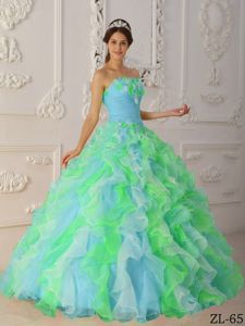 Multi-Color Organza Quinceanera Dress with Handmade Flowers and Ruffles
