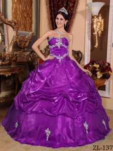 Purple Organza Quinceanera Gown Dress with Appliques and Pick-ups