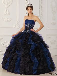 Limited Navy Blue and Black Strapless Quinceanera Gown Dress with Ruffled Skirt