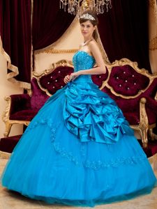 Blue Dress For Quinceanera by Taffeta and Tulle with Lace Appliques