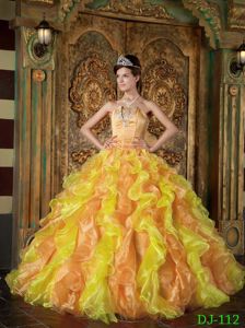 Golden Organza Strapless Quinceanera Dress with Ruffles and Embroidery