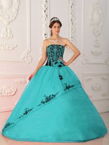 Ball Gown Appliqued Quinceanera Dress in Turquoise and Black