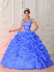 2012 Hot Sale Pick Ups Straps Appliqued Blue Sweet 15 Dresses