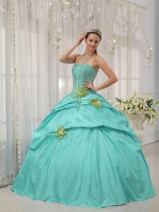 Strapless Beaded Apple Green Quinceanera Gown with Flowers