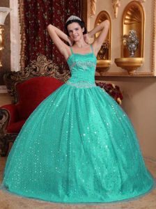 Spaghetti Straps Beading Turquoise Dresses for 15 with Sequins