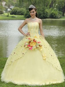 Embroidery Appliques Hand Made Flowers Light Yellow Dress 15