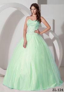 Unique Pale Green Ball Gown Tulle Sweetheart Beaded Dresses 15