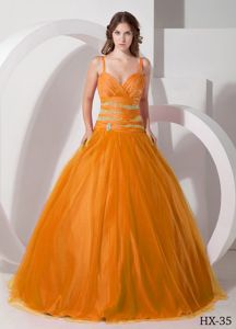 Orange Spaghetti Straps Beading Waist Quince Gowns Dresses