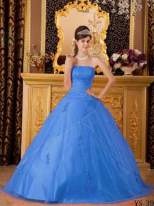 Sapphire Blue Beading Strapless Appliqued Sweet Sixteen Dresses