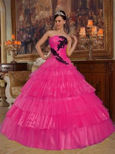 Hot Pink Layered Organza Quinceanera Dress with Black Appliques