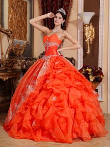 Orange Red Strapless Floor-length Beaded Organza Dress for Quinceaneras