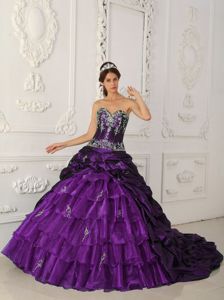 Purple Taffeta and Organza Quinceanera Gown Dresses with Train