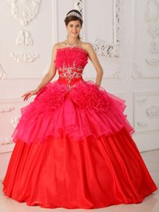 Red Ball Gown Beaded Taffeta and Organza Dress for Quinceaneras