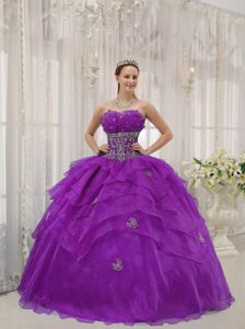 Purple Organza Appliques Quinceanera Gown Dresses with Beading