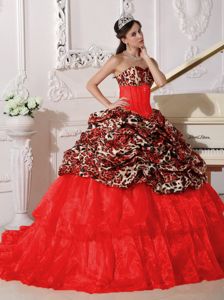 Red Sweetheart Leopard and Organza Dress for Quince with Train