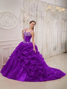 Purple Spaghetti Straps Dress for Quinceaneras with Pick-ups