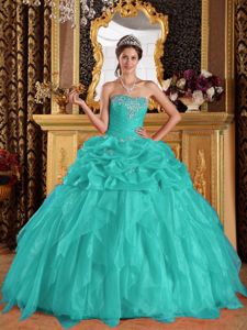 Turquoise Organza Quinceanera Gown Dresses with Pick-ups and Beading